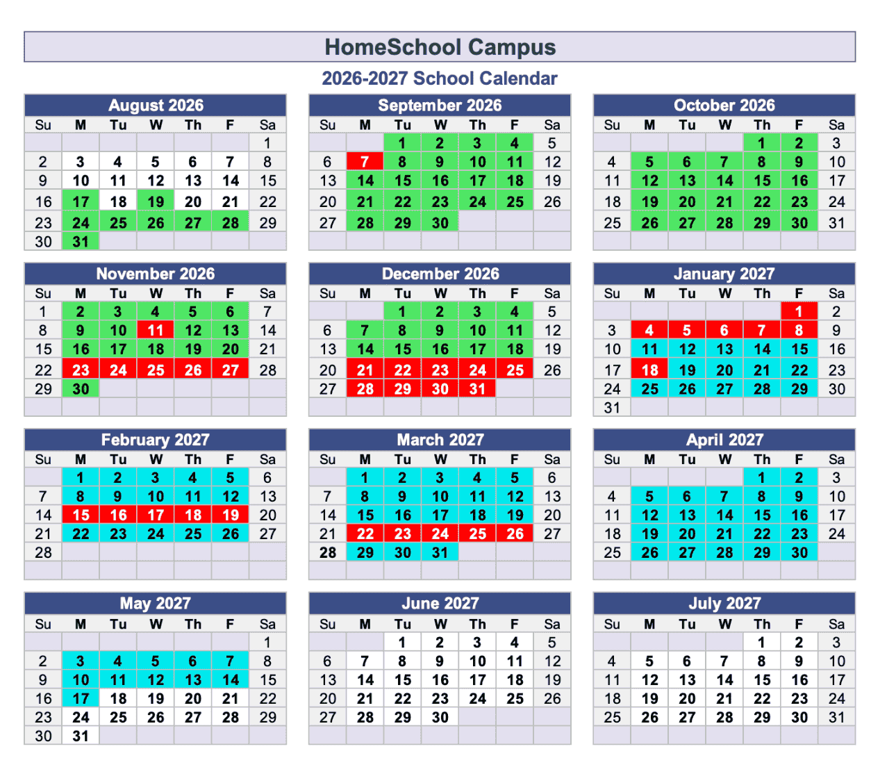2026-2027 HSC Academic Calendar